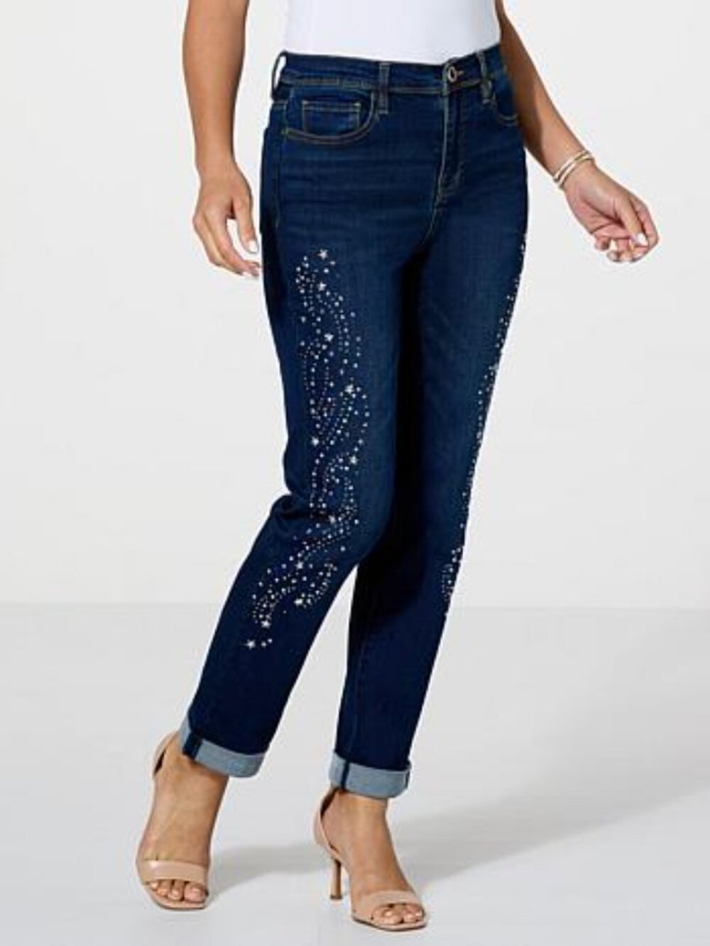 Diane Gilman Dark Blue Navy Cropped Jeans with Rhinestone Star Motif Sz 22